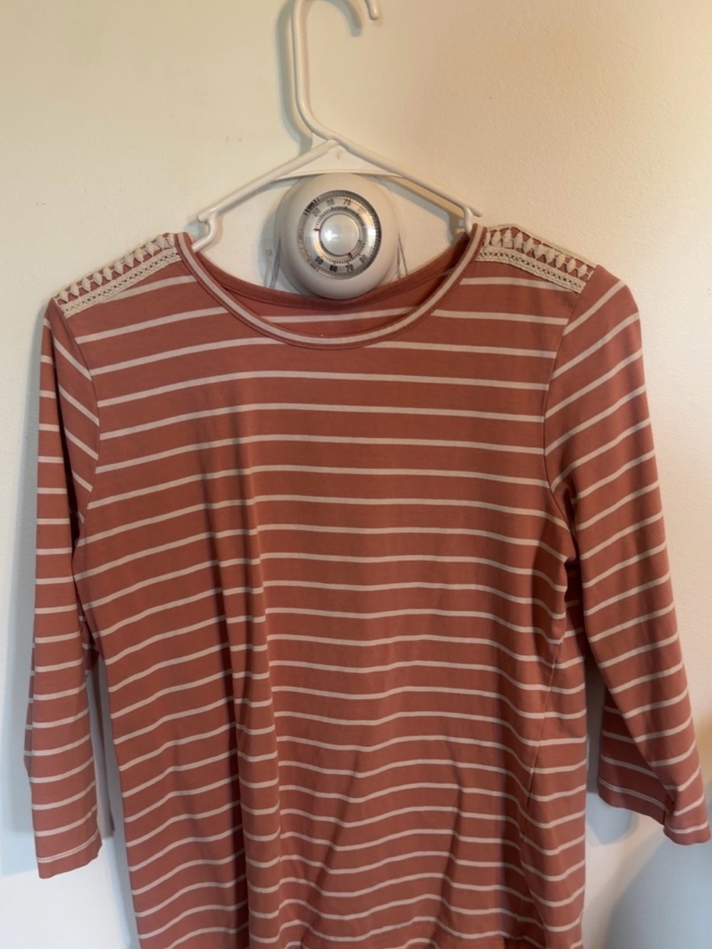 Denim&Co Dusty Rose Striped Long-Sleeve Top with Lace-Trim Shoulders